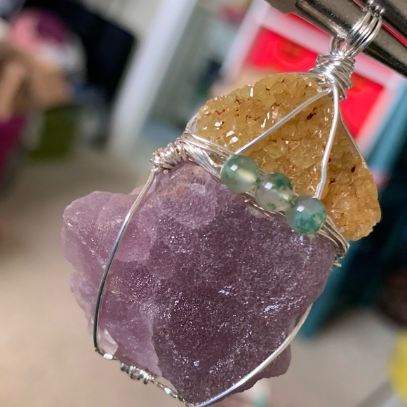 Gold Barite, Fluorite Drusy & Moss Agate Necklace - Picture 15 of 16